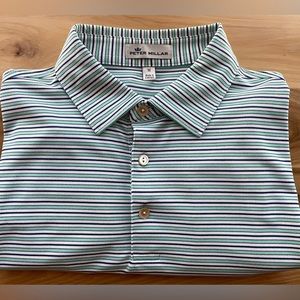 Mens Medium Peter Millar Performance Polo Shirt Green / Blue Striped Golf Light